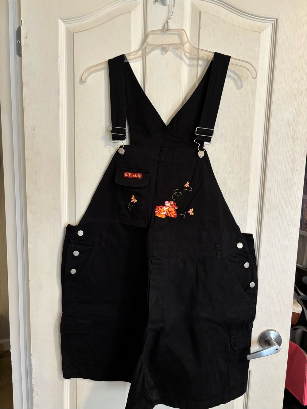 Disney Black Overall Romper with Orange Floral Embroidery